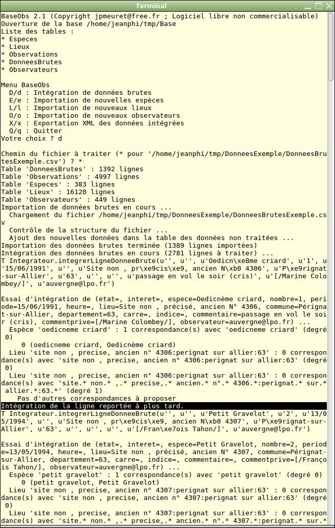 BaseObs 2.1 : Intégration de mes données brutes